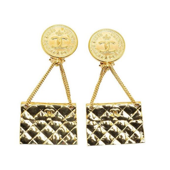 CHANEL CC Logos Quilted Bag Round Coin Clip-On Earrings Gold Tone 93A #96150 - Picture 1 of 4